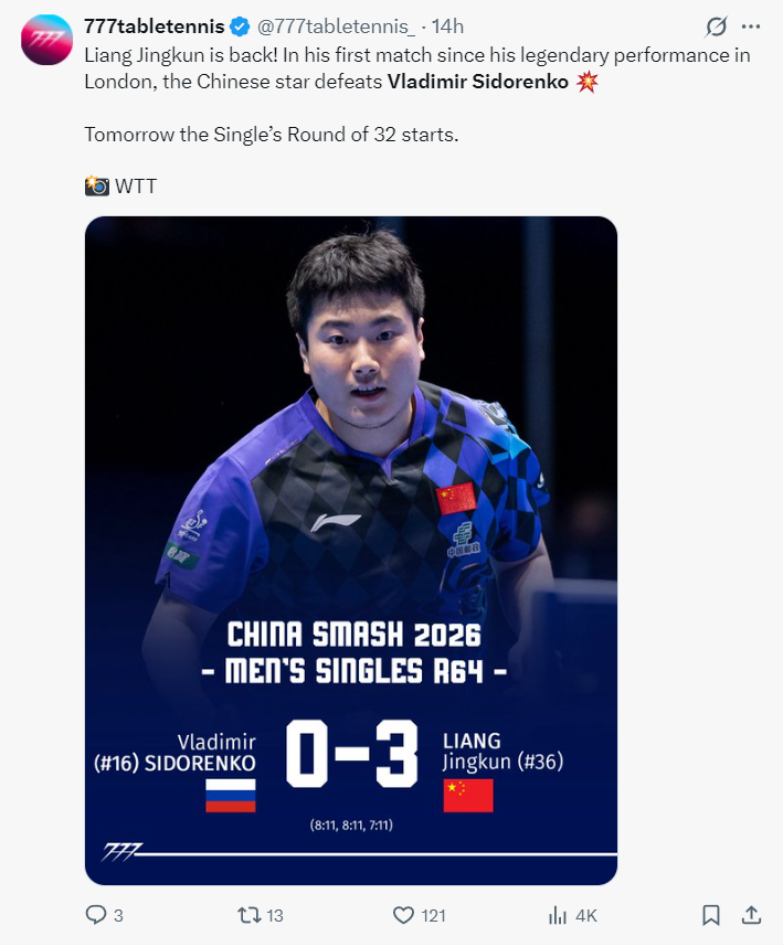 国乒研究能力仍顶级!大满贯亚军连败梁靖崑向鹏 29岁大胖宝刀未老